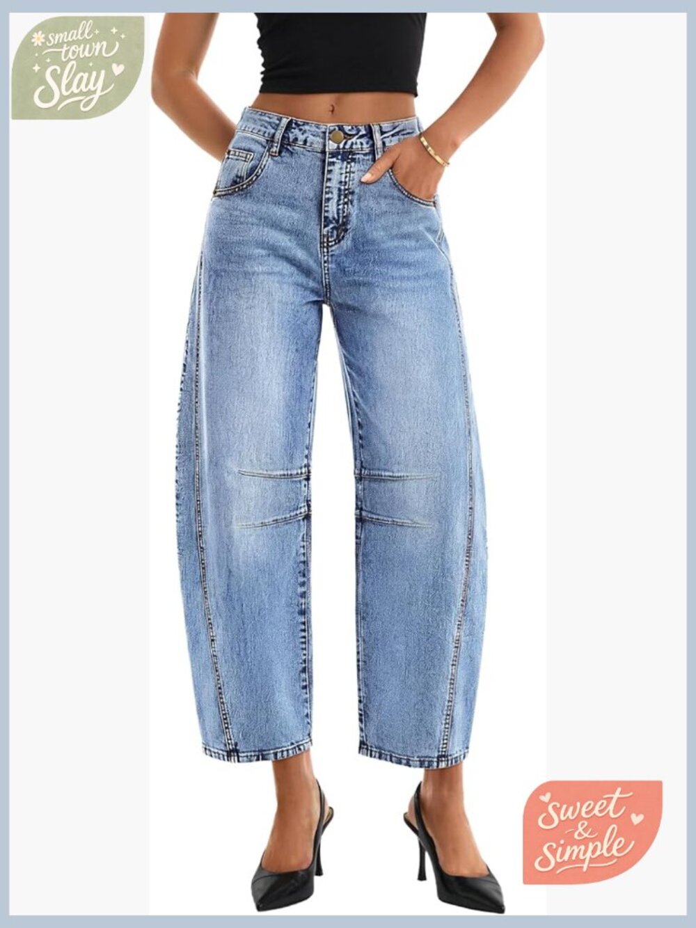 High Waisted Barrel Wide Leg Stretchy Baggy Ankle Denim Pants with Pockets